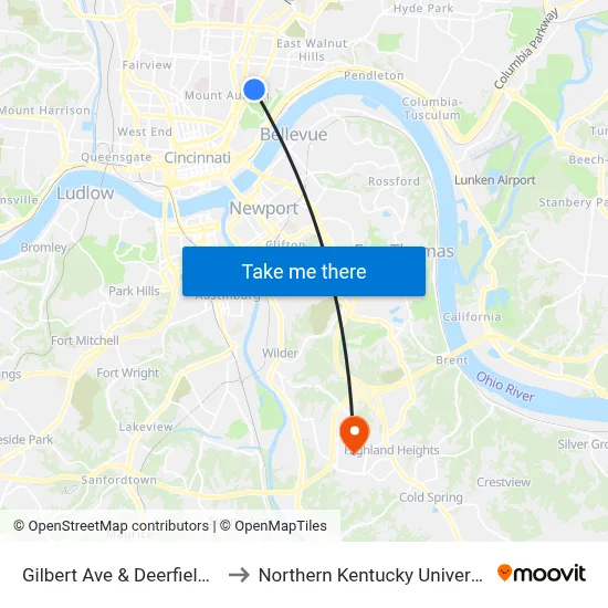 Gilbert Ave & Deerfield Pl to Northern Kentucky University map