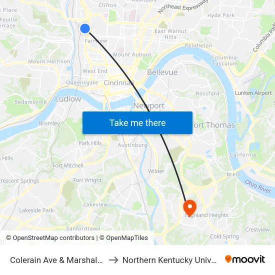 Colerain Ave & Marshall Ave to Northern Kentucky University map