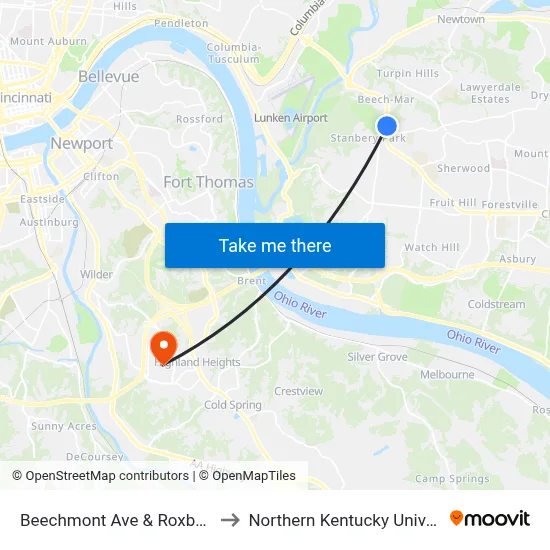Beechmont Ave & Roxbury St to Northern Kentucky University map