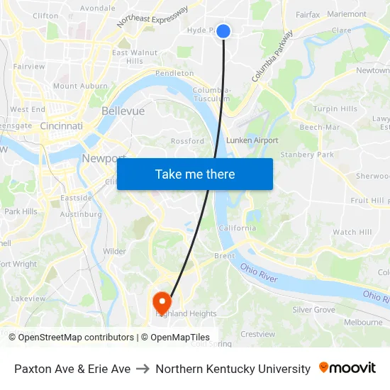 Paxton Ave & Erie Ave to Northern Kentucky University map