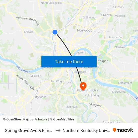 Spring Grove Ave & Elmore St to Northern Kentucky University map