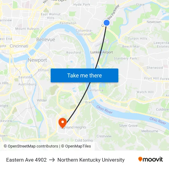 Eastern Ave 4902 to Northern Kentucky University map