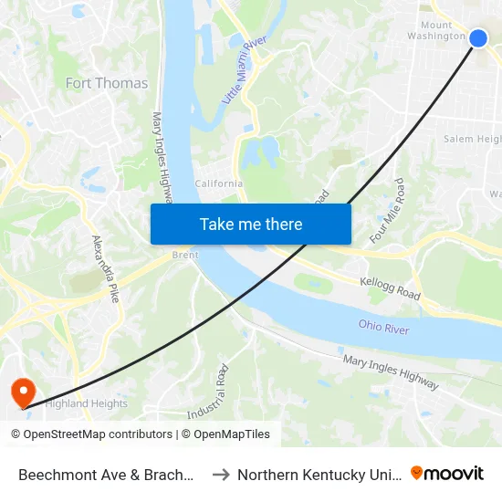 Beechmont Ave & Brachman Ave to Northern Kentucky University map