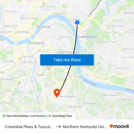 Columbia Pkwy & Tusculum Ave to Northern Kentucky University map