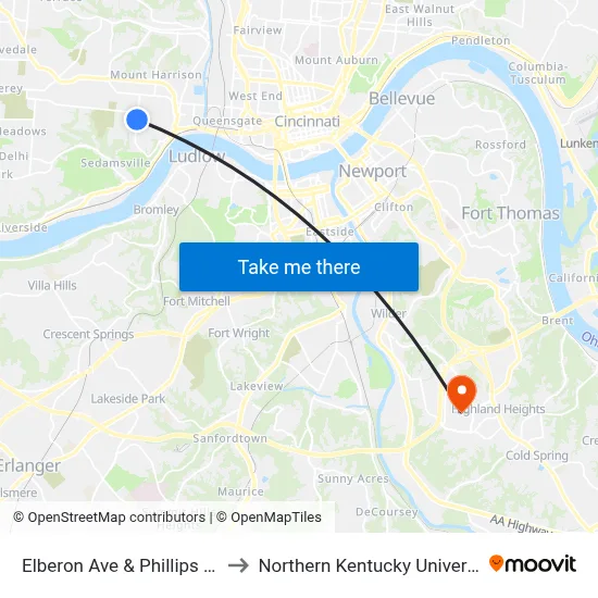 Elberon Ave & Phillips Ave to Northern Kentucky University map