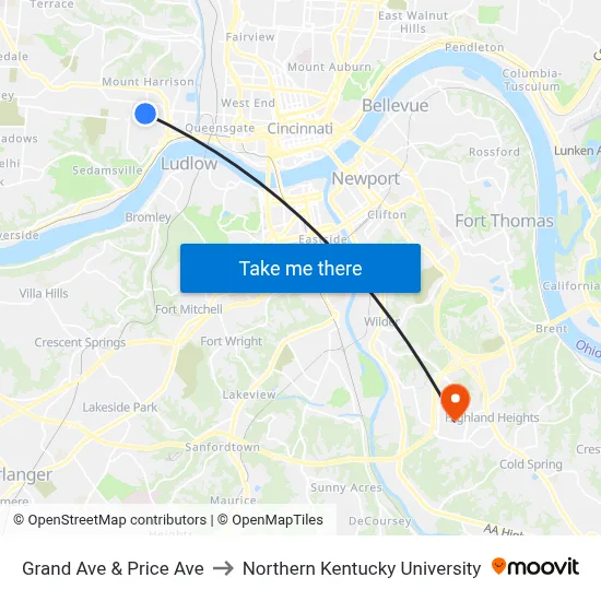 Grand Ave & Price Ave to Northern Kentucky University map