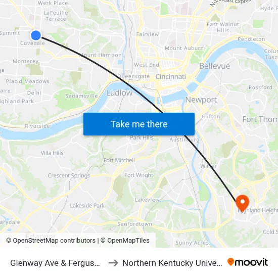 Glenway Ave & Ferguson Pl to Northern Kentucky University map
