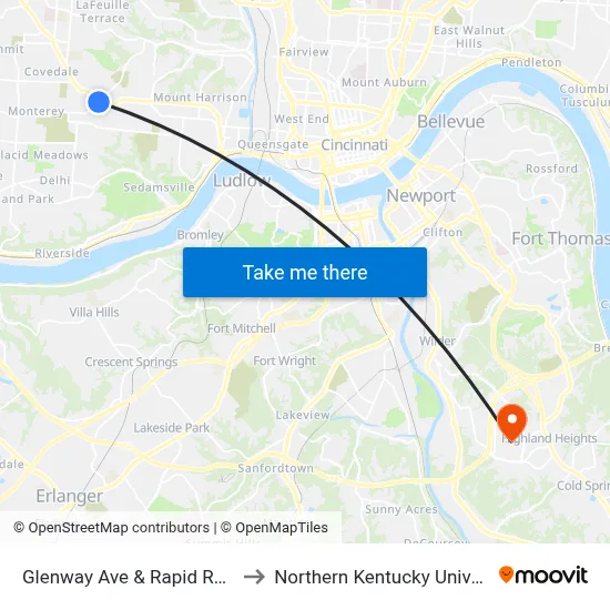 Glenway Ave & Rapid Run Rd to Northern Kentucky University map