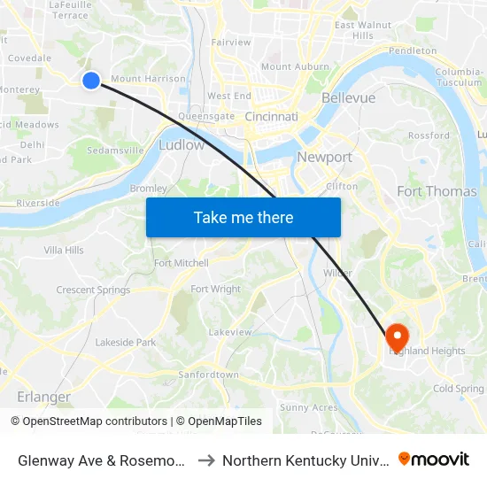 Glenway Ave & Rosemont Ave to Northern Kentucky University map