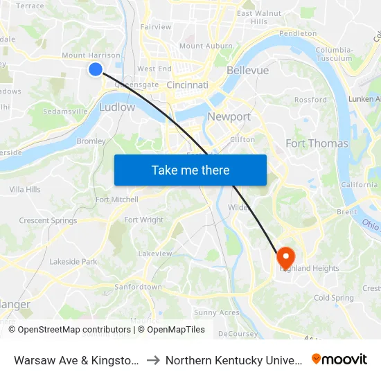 Warsaw Ave & Kingston Pl to Northern Kentucky University map