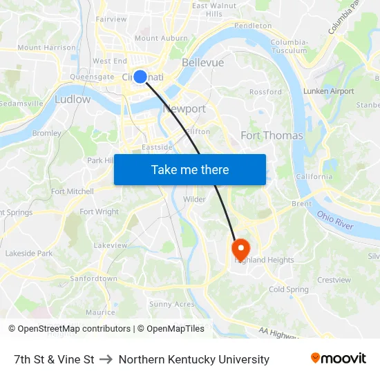 7th St & Vine St to Northern Kentucky University map