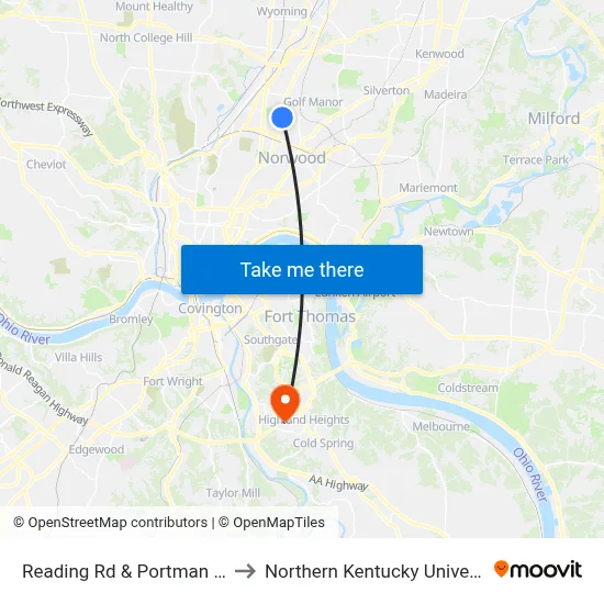 Reading Rd & Portman Ave to Northern Kentucky University map