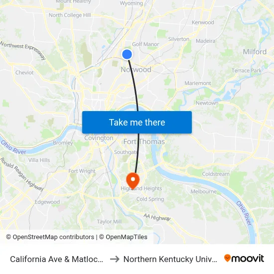California Ave & Matlock Ave to Northern Kentucky University map