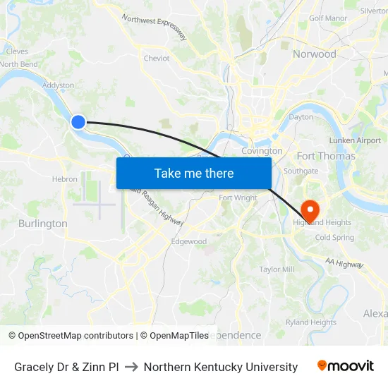 Gracely Dr & Zinn Pl to Northern Kentucky University map