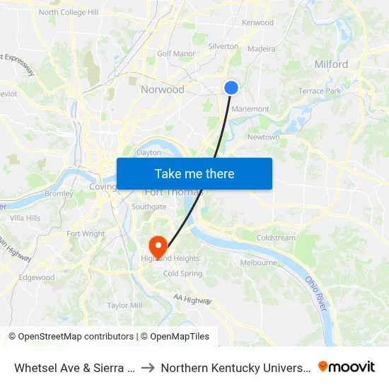 Whetsel Ave & Sierra St to Northern Kentucky University map