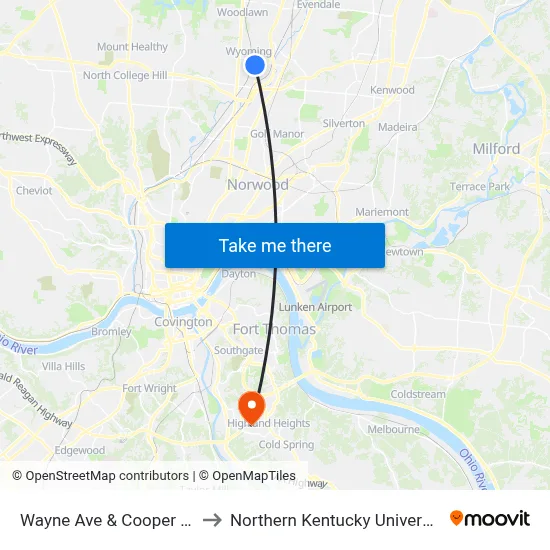 Wayne Ave & Cooper Rd to Northern Kentucky University map