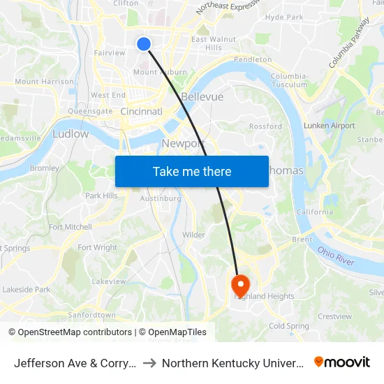 Jefferson Ave & Corry St to Northern Kentucky University map