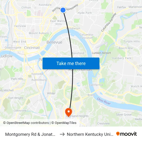 Montgomery Rd & Jonathan Ave to Northern Kentucky University map
