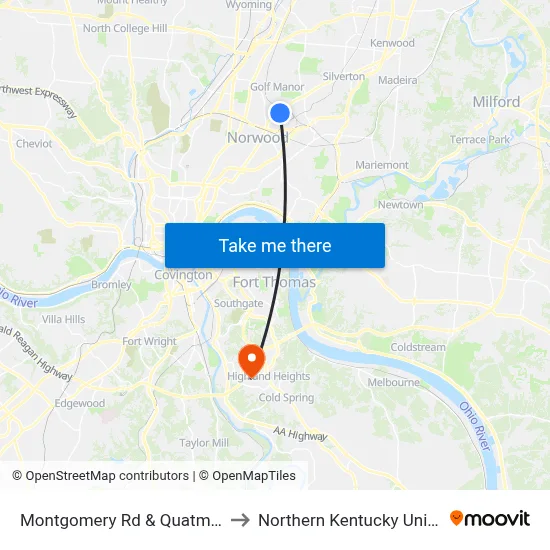 Montgomery Rd & Quatman Ave to Northern Kentucky University map