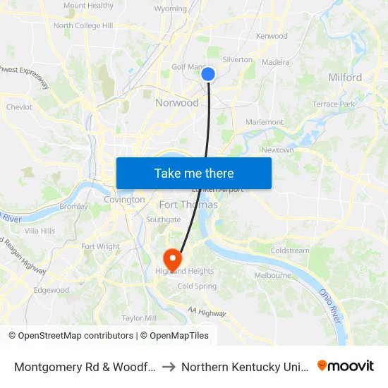 Montgomery Rd & Woodford Rd to Northern Kentucky University map