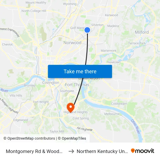 Montgomery Rd & Woodmont Ave to Northern Kentucky University map