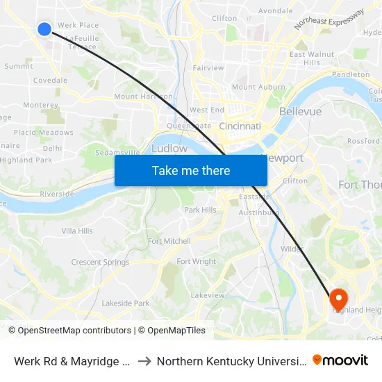 Werk Rd & Mayridge Ct to Northern Kentucky University map