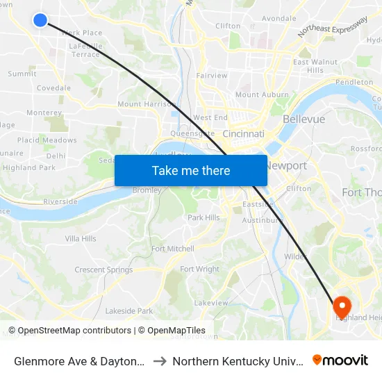 Glenmore Ave & Daytona Ave to Northern Kentucky University map