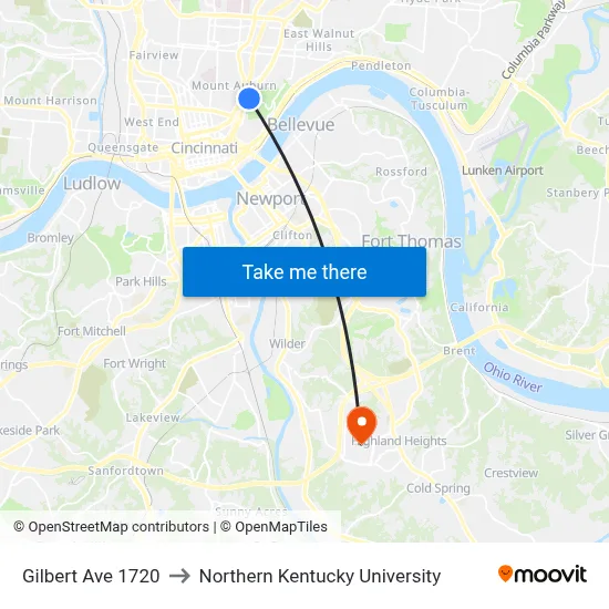 Gilbert Ave 1720 to Northern Kentucky University map