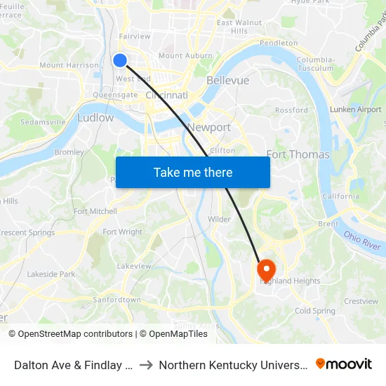Dalton Ave & Findlay St to Northern Kentucky University map