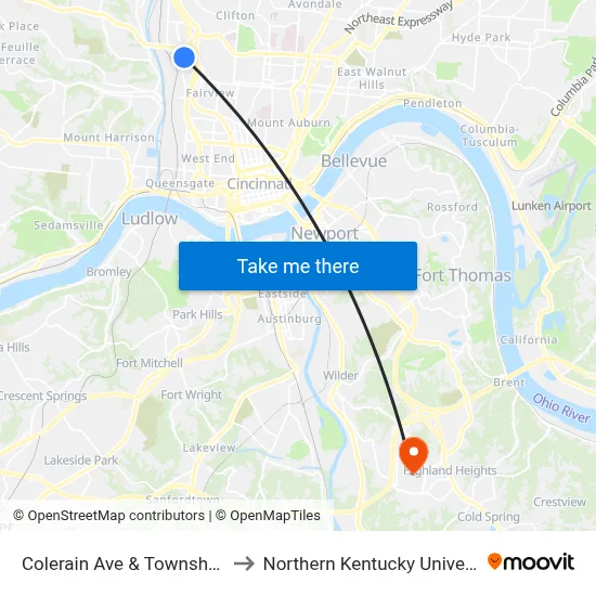 Colerain Ave & Township St to Northern Kentucky University map