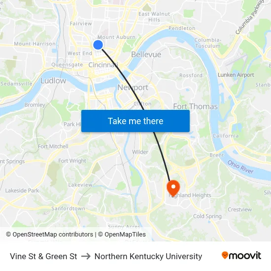 Vine St & Green St to Northern Kentucky University map