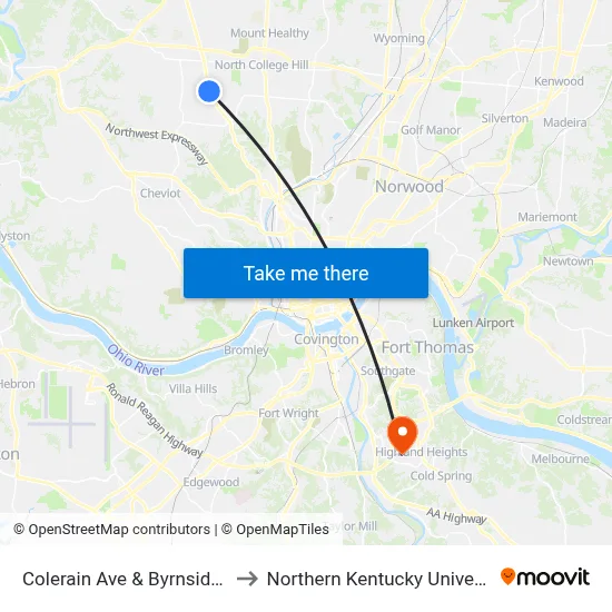 Colerain Ave & Byrnside Dr to Northern Kentucky University map