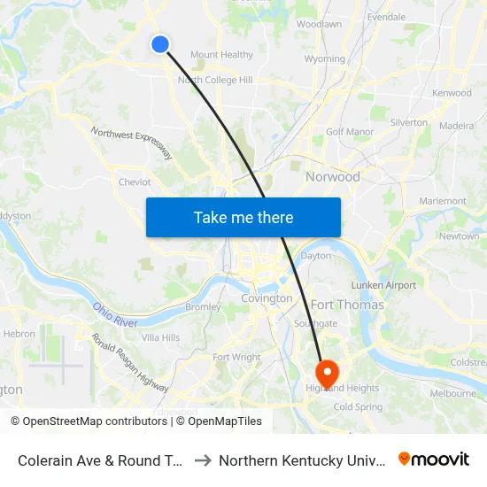 Colerain Ave & Round Top Dr to Northern Kentucky University map