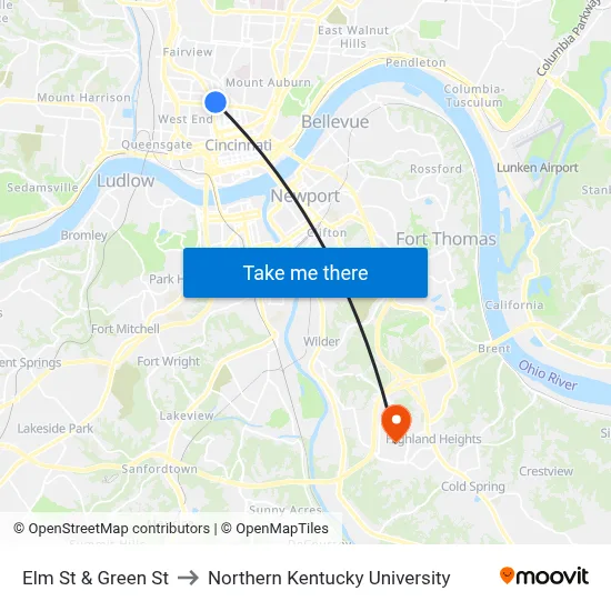 Elm St & Green St to Northern Kentucky University map