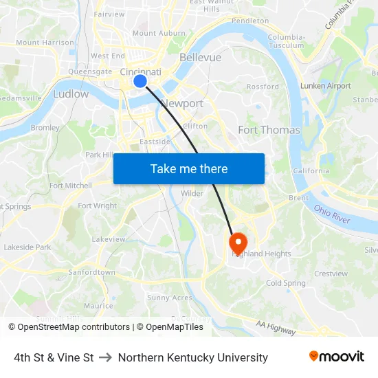 4th St & Vine St to Northern Kentucky University map