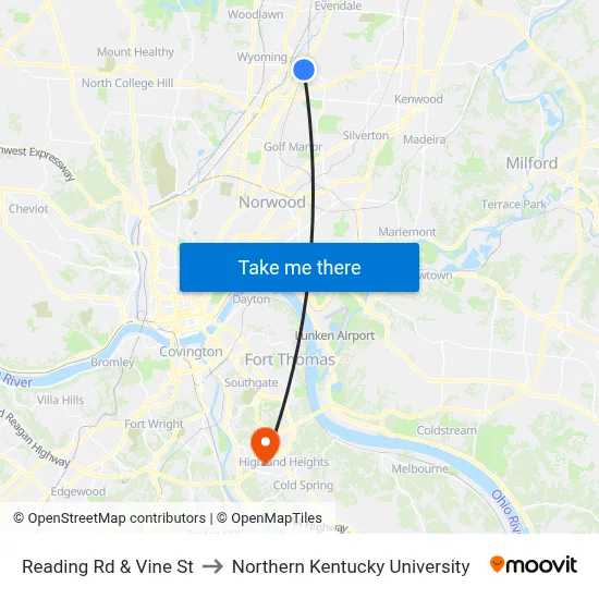 Reading Rd & Vine St to Northern Kentucky University map