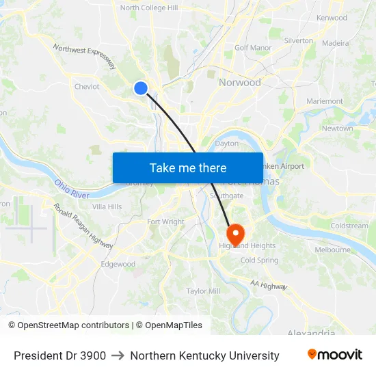 President Dr 3900 to Northern Kentucky University map