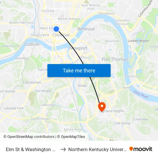 Elm St & Washington Park to Northern Kentucky University map