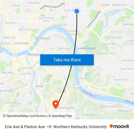 Erie Ave & Paxton Ave to Northern Kentucky University map