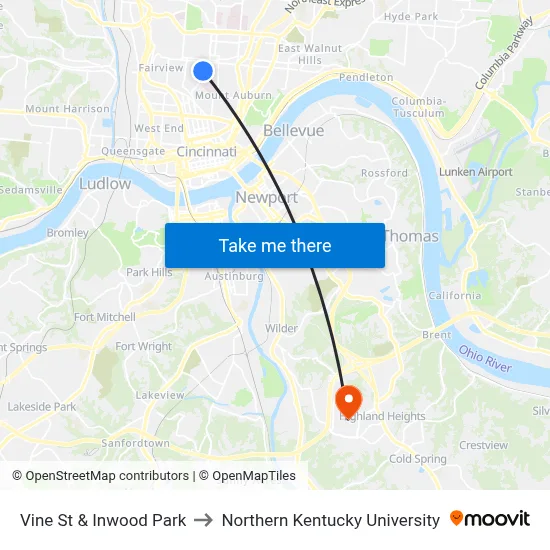 Vine St & Inwood Park to Northern Kentucky University map