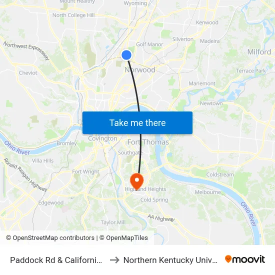 Paddock Rd & California Ave to Northern Kentucky University map