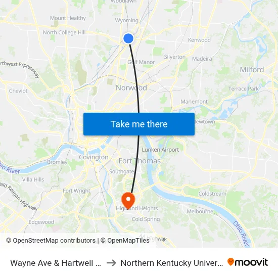Wayne Ave & Hartwell Ave to Northern Kentucky University map