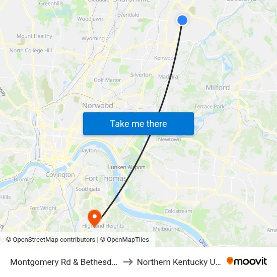 Montgomery Rd & Bethesda Hospital to Northern Kentucky University map