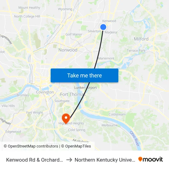 Kenwood Rd & Orchard Ave to Northern Kentucky University map