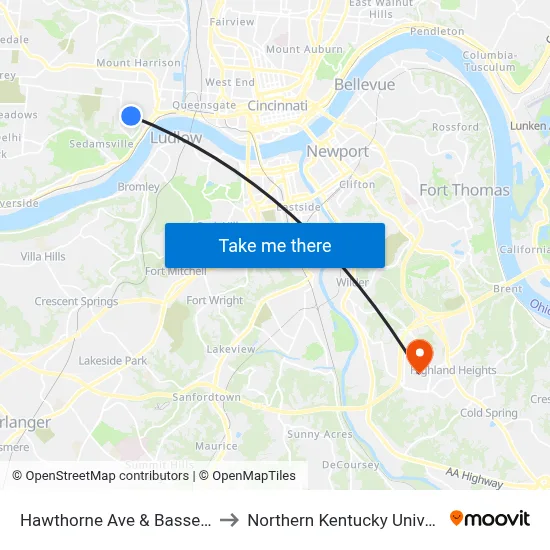 Hawthorne Ave & Bassett Rd to Northern Kentucky University map