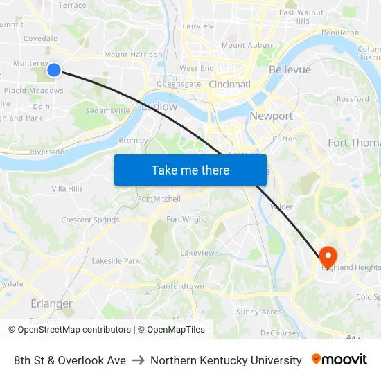 8th St & Overlook Ave to Northern Kentucky University map