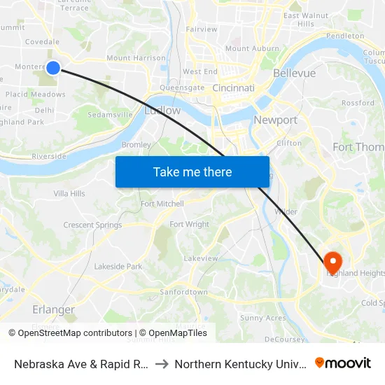 Nebraska Ave & Rapid Run Dr to Northern Kentucky University map