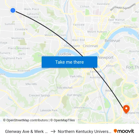 Glenway Ave & Werk Rd to Northern Kentucky University map