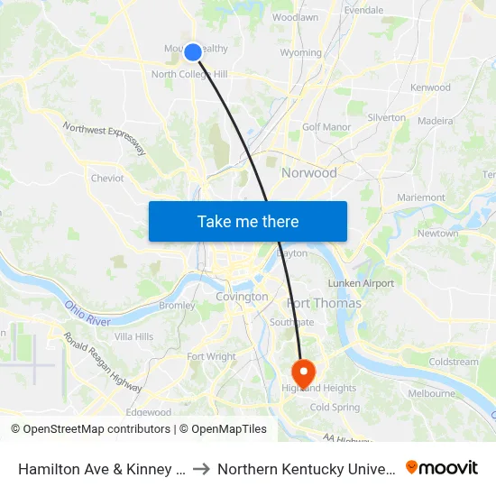 Hamilton Ave & Kinney Ave to Northern Kentucky University map