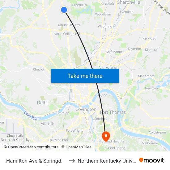 Hamilton Ave & Springdale Rd to Northern Kentucky University map